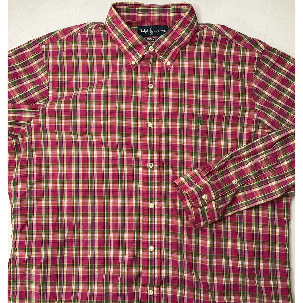 Polo Ralph Lauren Shirt Men Sz XL Custom Fit Plaid Pink Spring Long Sleeve Pony
